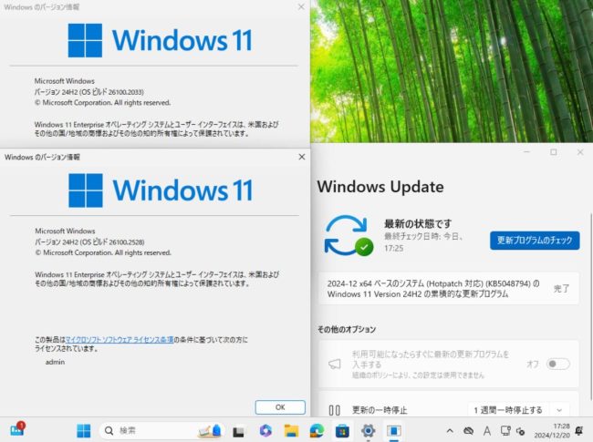 2024-12B のホットパッチを適用した後、左下にもうひとつ Windows バージョン情報を表示した様子。 左上の元のバージョン情報から、ビルド番号が変化していることがわかる。
